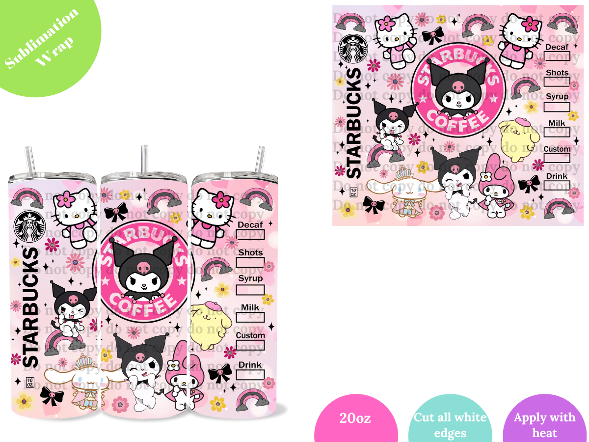Hello Kitty and Kuromi Coffee Cup Pink Tumbler Cup Mug 20oz