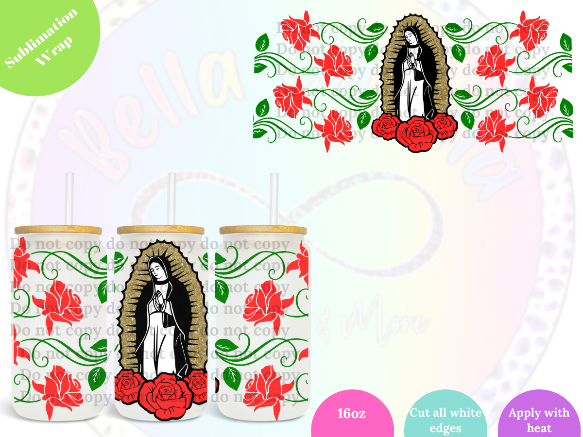 Virgen de Guadalupe (red flowers) 16oz **Sublimation Wrap**