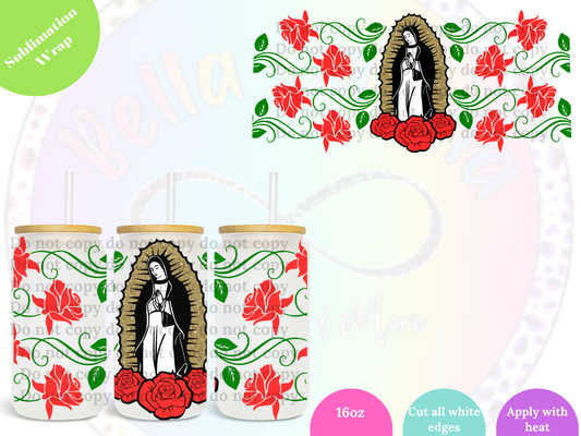 Virgen de Guadalupe (red flowers) 16oz **Sublimation Wrap**