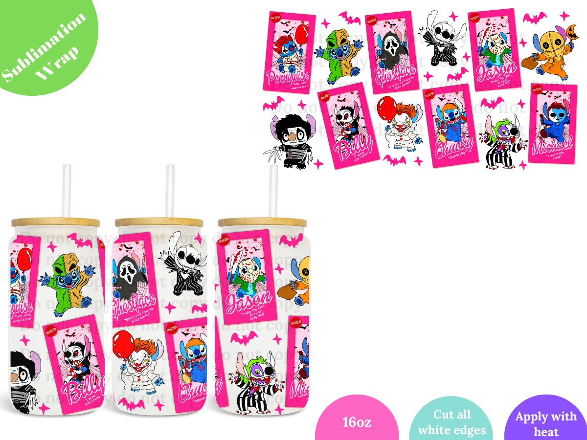 Pink Halloween Blue Friends 16oz **Sublimation Wrap**