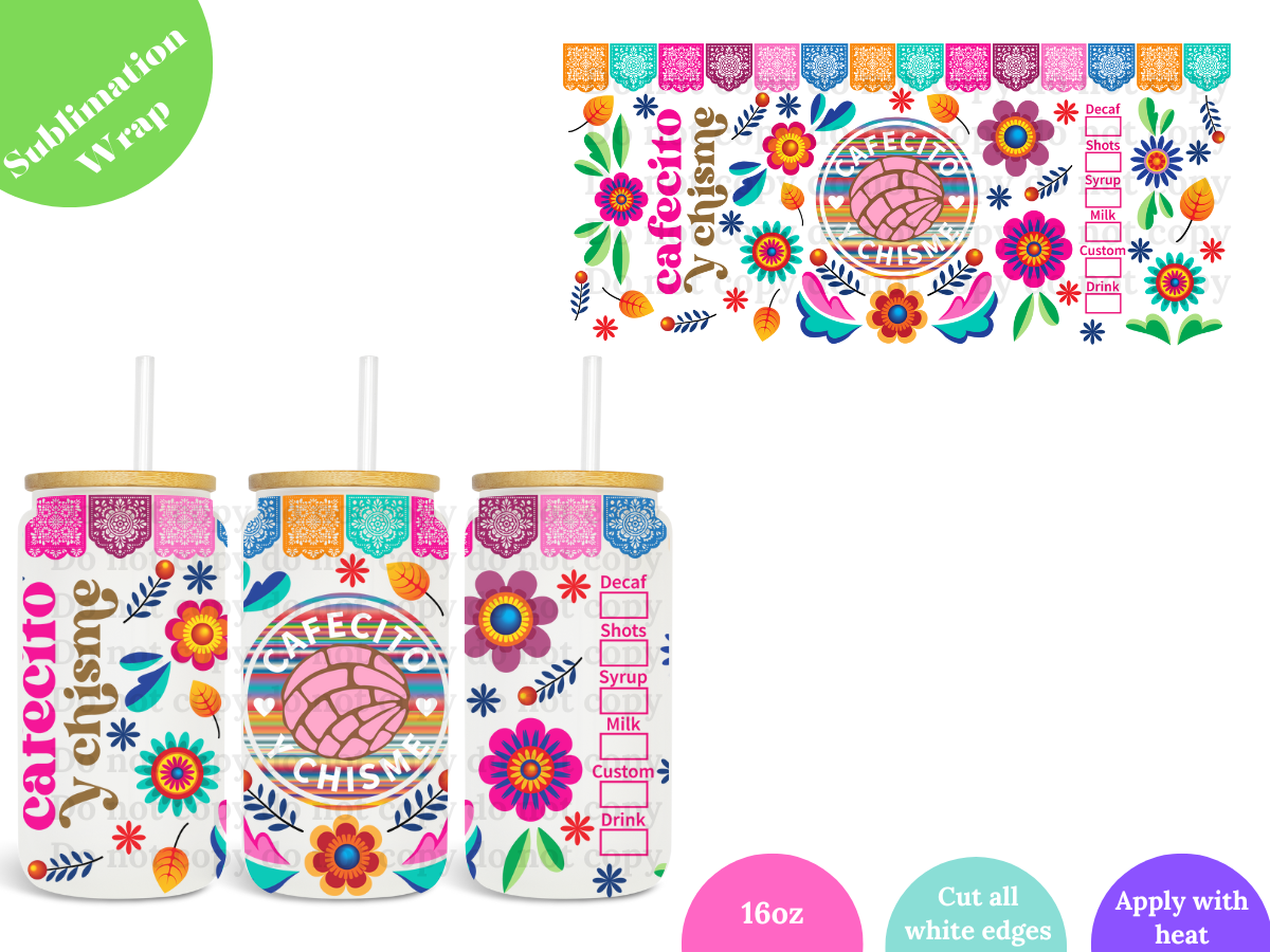 Colorful Cafecito y Chisme 16oz **Sublimation Wrap**
