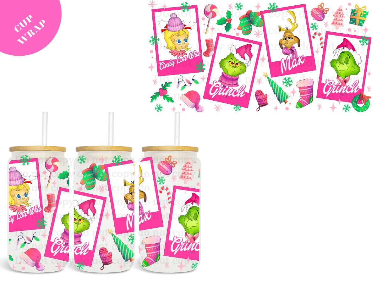 Green &Pink Grin-CH Cards UV DTF Cup Wrap