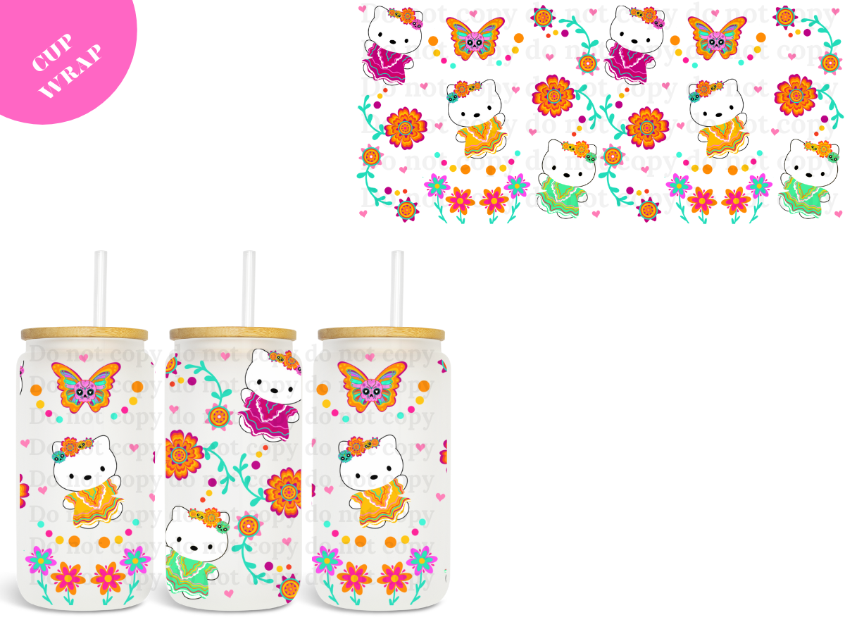 Kitty Flowers and Butterflies UV DTF Wrap