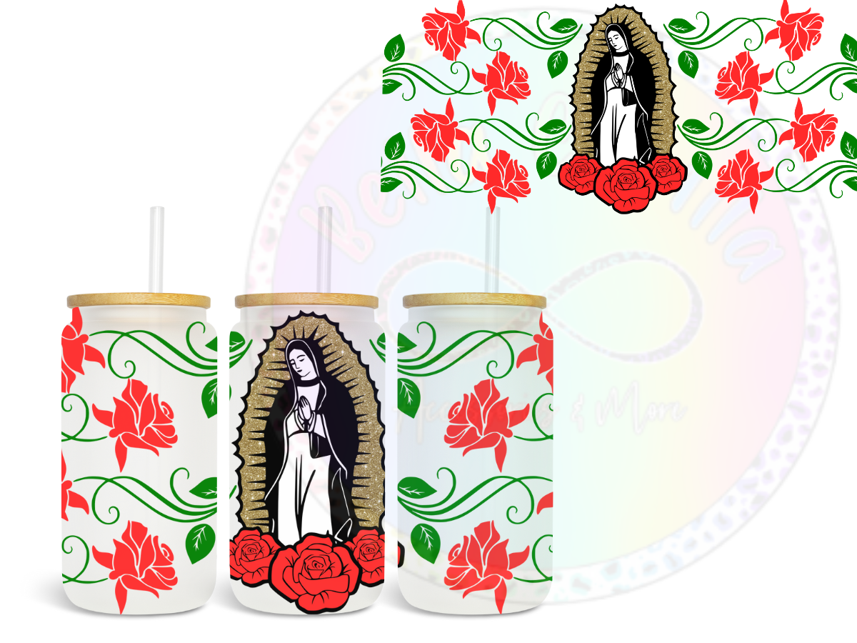 Virgen de Guadalupe (red flowers) - UV DTF Cup Wrap