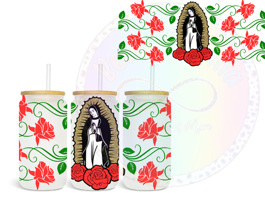 Virgen de Guadalupe (red flowers) - UV DTF Cup Wrap