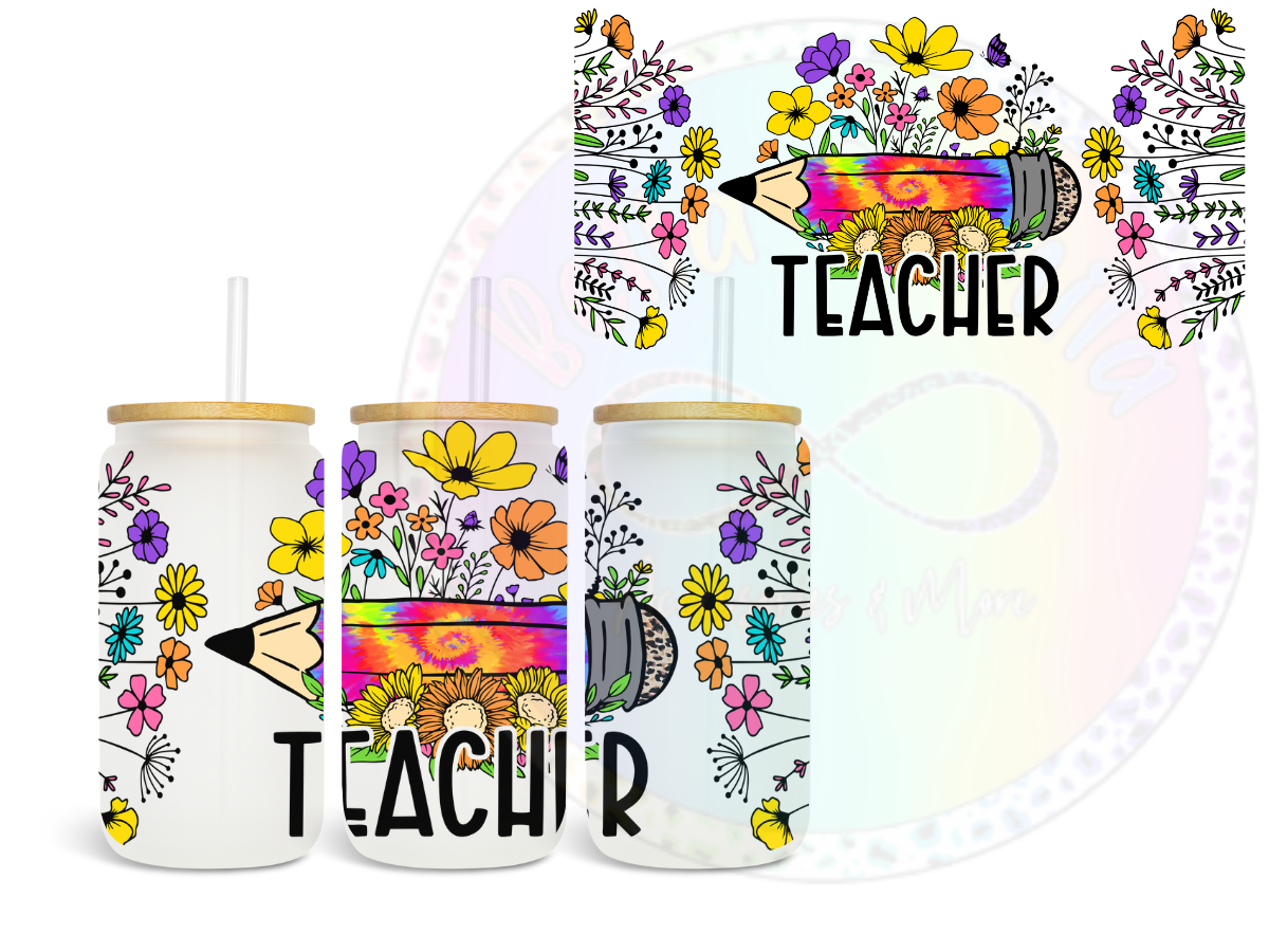 Teacher Pencil and Flowers UV DTF Wrap